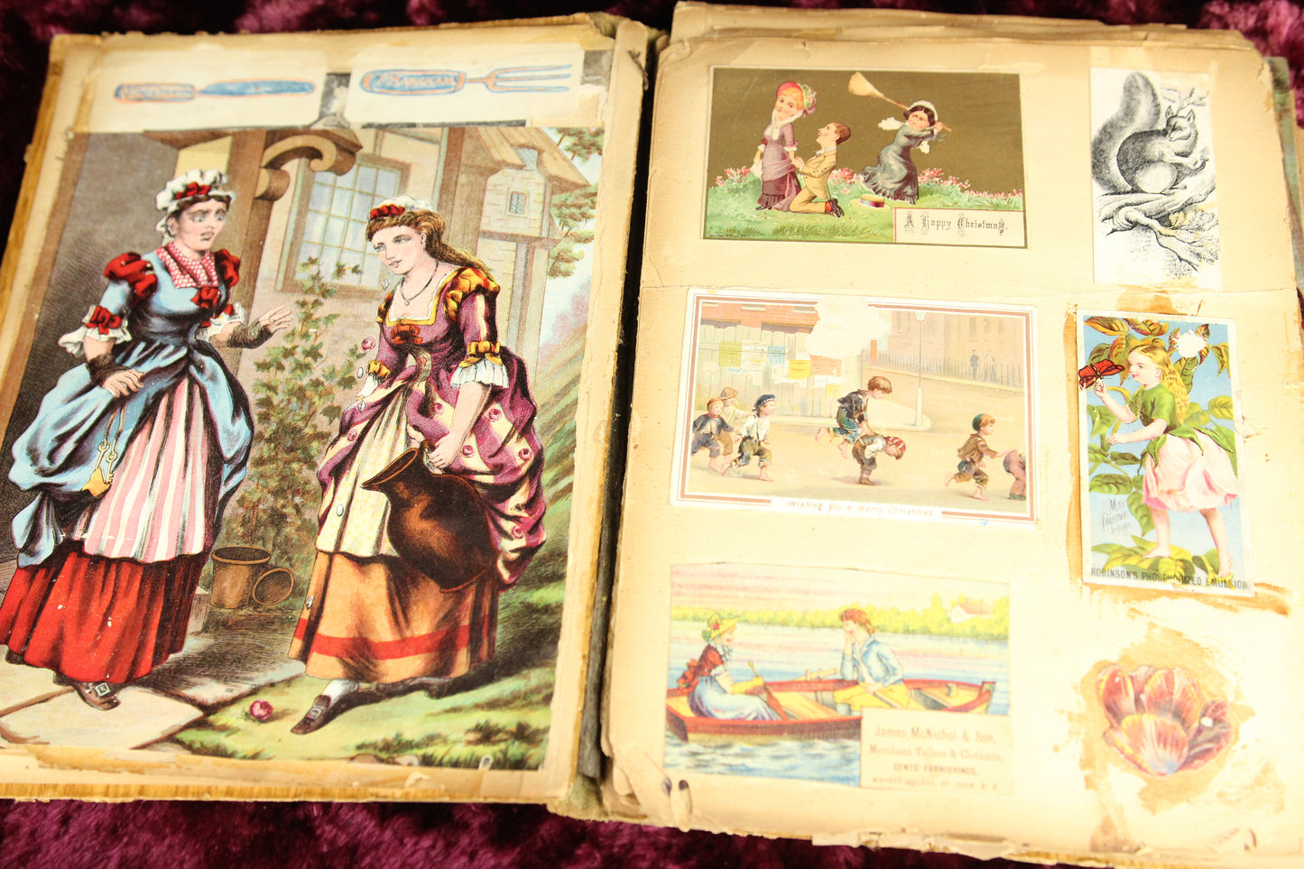 Victorian 129 Piece Scrapbook of Blanche Marsham, 1882, Handpainted Cat Cover