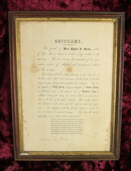 Antique Framed Obituary of Mrs. Lydia P. Howe, July 1870
