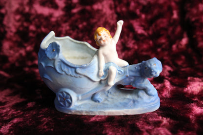 Bisque Figurine Bowl with a Blue Tiger, Mepocoware, Made in Japan