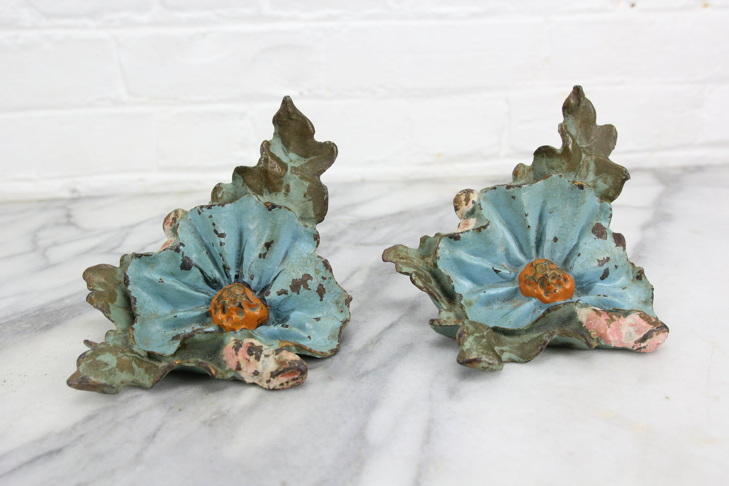 Figural Flowers Handpainted Cast Iron Bookends