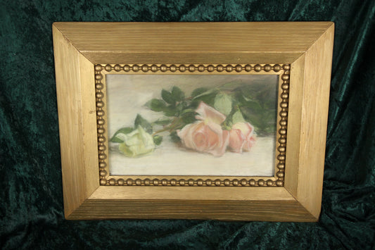 Antique Pastel Painting of Pink and White Roses in Original Gold Wood Frame