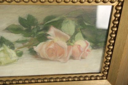 Antique Pastel Painting of Pink and White Roses in Original Gold Wood Frame