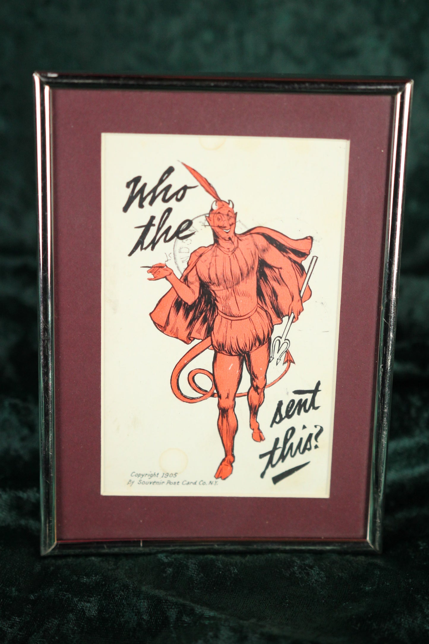 Framed Antique 1905 "Who the Devil Sent This?" Postcard by Souvenir Postcard Co, NY