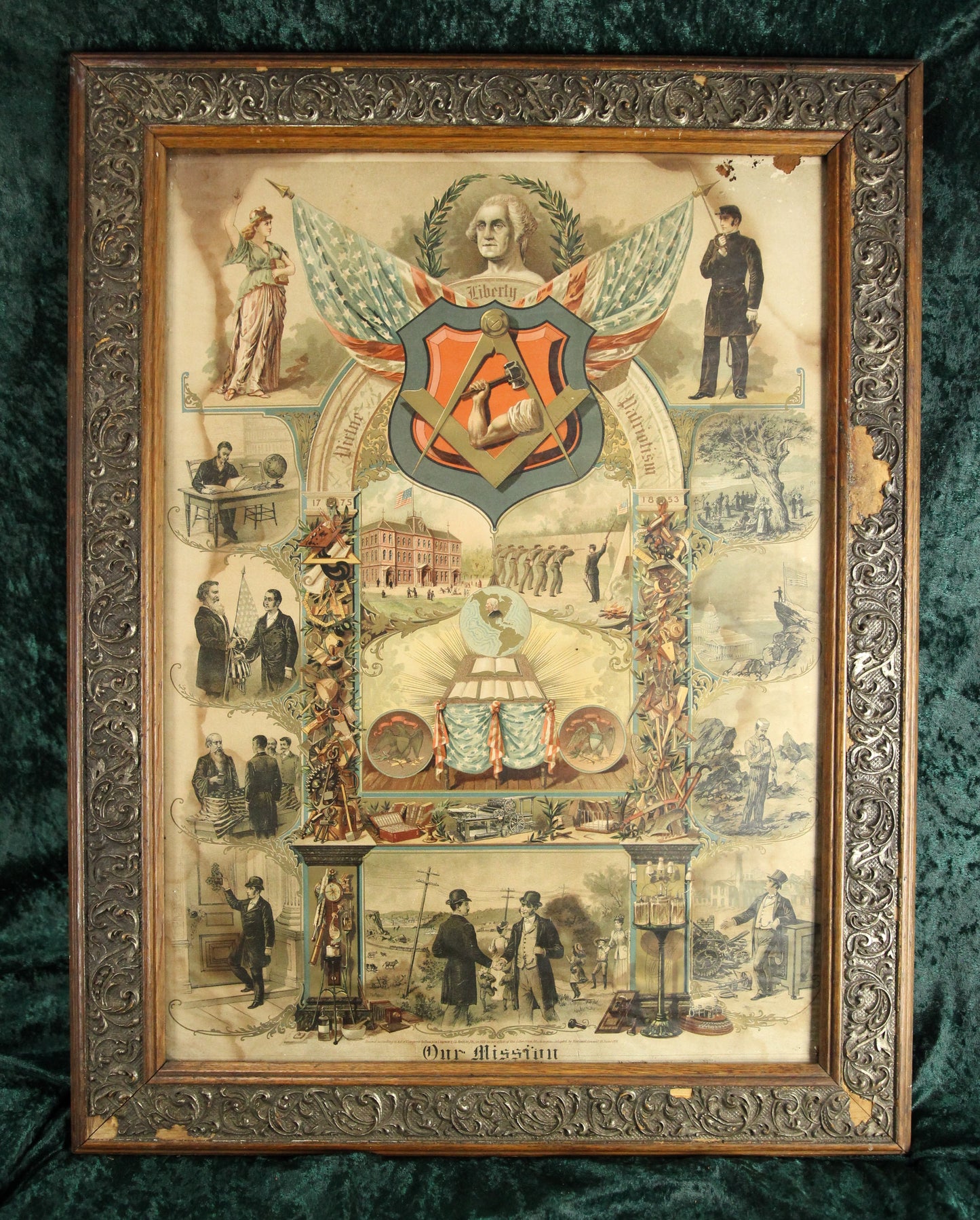 Framed Junior Order of United American Mechanics "Our Mission" Chromolithograph, 1891