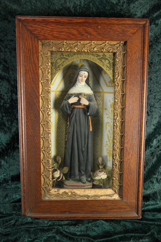 St. Rita of Cascia Folk Art Catholic Religious Shadow Box Shrine with Reverse Painted Glass