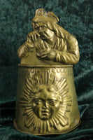 Antique Stamped Brass Match Safe Holder with Granny Snorting Snuff