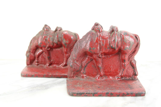 Cast Iron Grazing Horse Bookends Painted Red