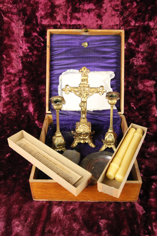 Vintage Catholic Last Rites Sacrament Sick Call Box with Cross, Candlesticks, & More