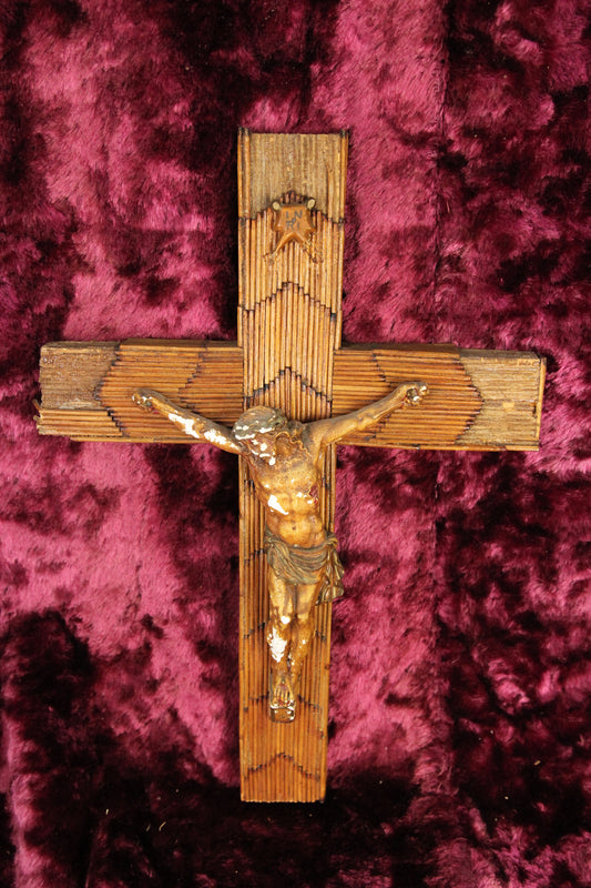 Antique Tramp Art Matchstick Crucifix Cross