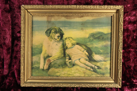 Antique Print of a Girl Resting on Her Saint Bernard Dog in Ornate Frame