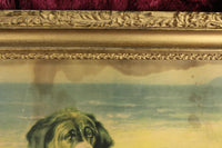 Antique Print of a Girl Resting on Her Saint Bernard Dog in Ornate Frame