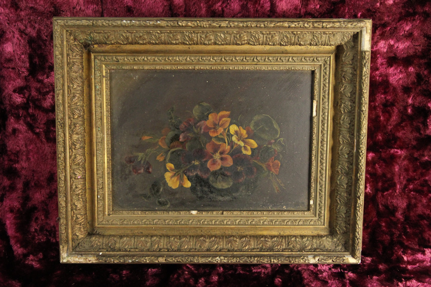 Antique 19th Century Oil on Canvas Painting of Flowers in Ornate Frame