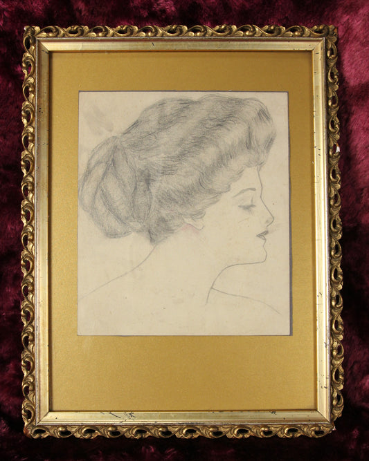 Hand Drawn Antique Pencil Sketch of a Gibson Girl in Frame