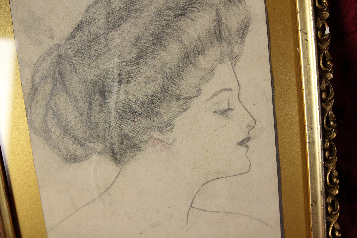 Hand Drawn Antique Pencil Sketch of a Gibson Girl in Frame