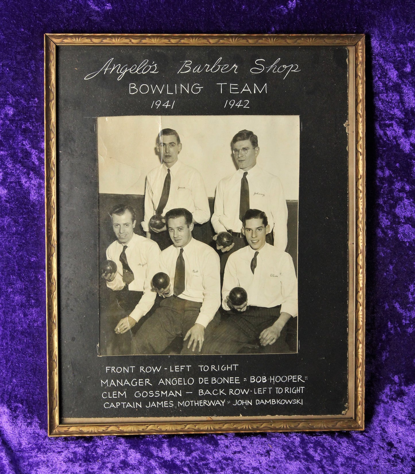 Angelo's Barber Shop Bowling Team Framed Photo, 1941-1942, 12" x 15"