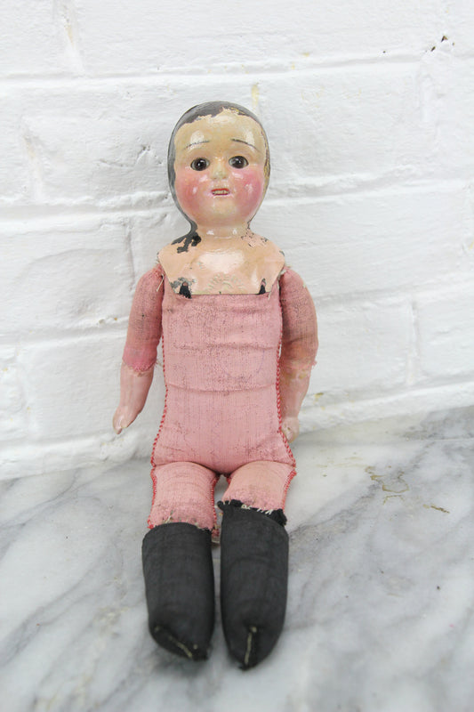 German Minerva Tin Doll Head on Hand Sewn Body, 12"