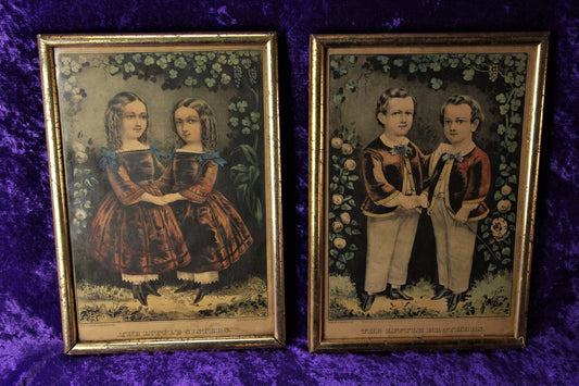 Currier & Ives "Little Sisters" and "Little Brothers" Antique Lithographs, Pair, 10" x 14"