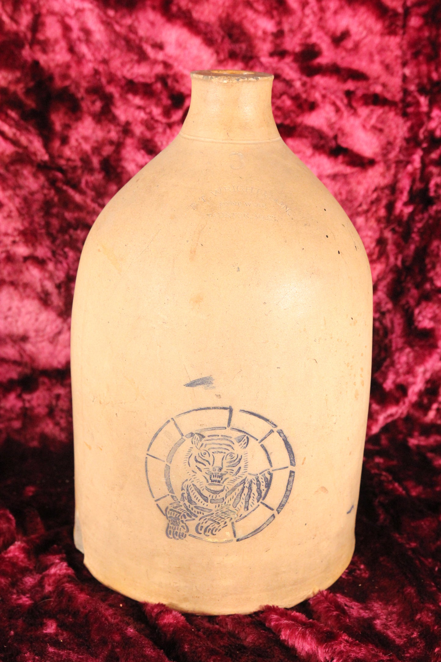 F.T. Wright & Son 3 Gallon Stoneware Jug with Tiger Decoration, Taunton, Mass