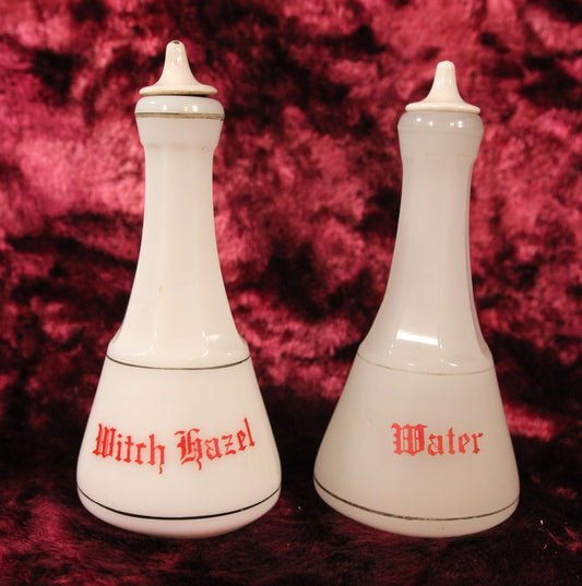 Barbershop Milk Glass Witch Hazel Dispenser and Frosted Glass Water Dispenser with Spouts