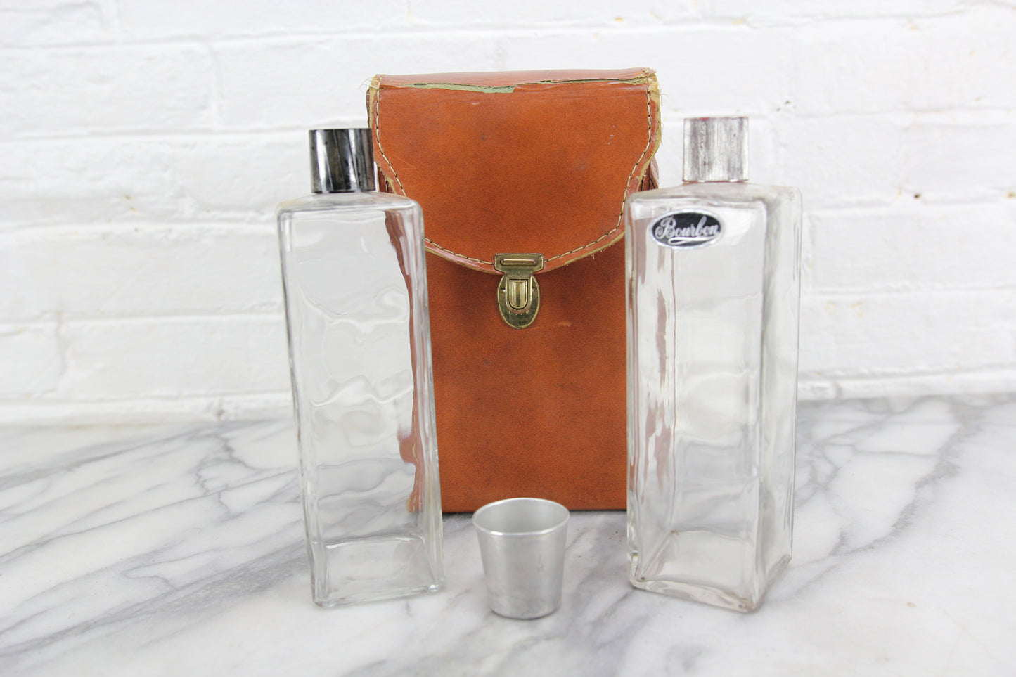 Travel-sized Mini-Bar in Leather Case with Two Liquor Bottles and Shot Glass