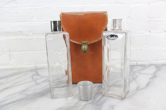 Travel-sized Mini-Bar in Leather Case with Two Liquor Bottles and Shot Glass