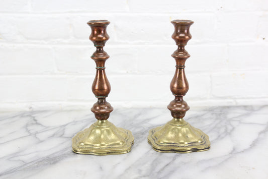 Pair of 8" Copper and Brass Candlesticks Signed B. Henneberg, Warszawa