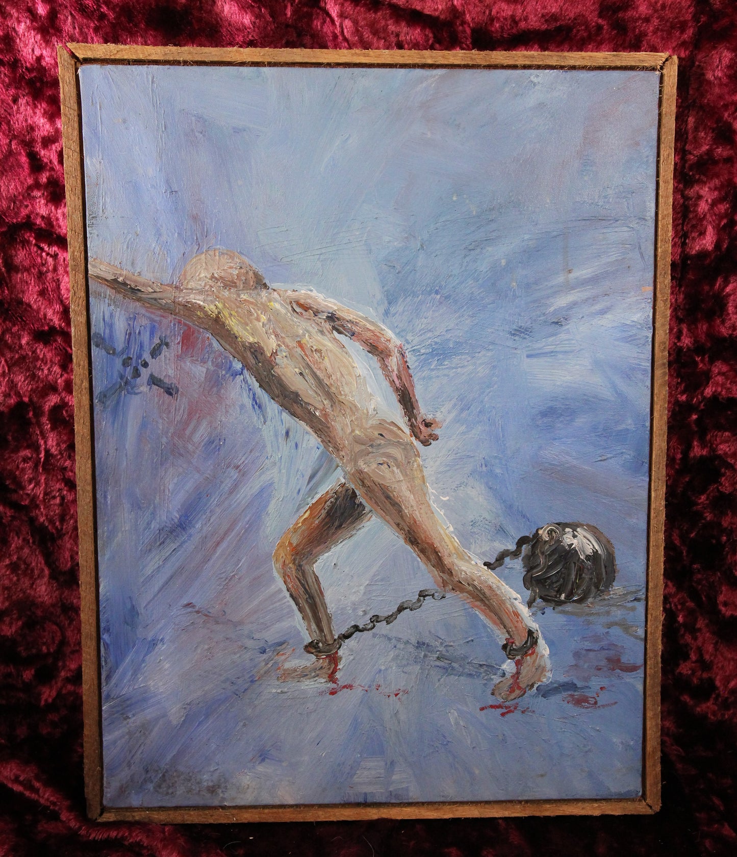 Modernist Oil On Canvas Painting of A Figure with a Ball and Chain