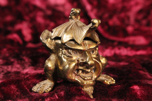 Brass Toned White Metal Imp Devil Demon Inkwell and Pen Stand