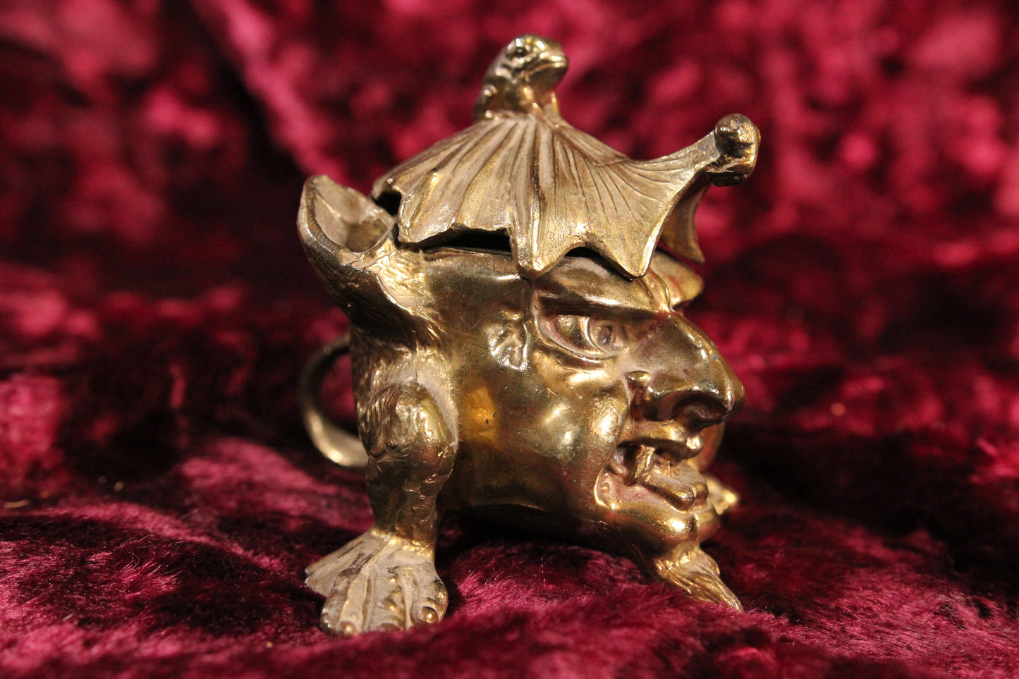 Brass Toned White Metal Imp Devil Demon Inkwell and Pen Stand