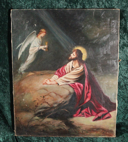 Jesus Praying to Angel Oil on Canvas Painting, Signed KEK 1930
