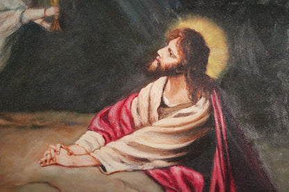 Jesus Praying to Angel Oil on Canvas Painting, Signed KEK 1930