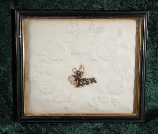 Framed Victorian Puffed Paper Art With Memento Mori Hair Work