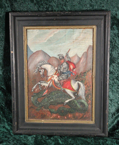 Saint George Slaying the Dragon Antique Christian Icon Painting on Wood, 1866