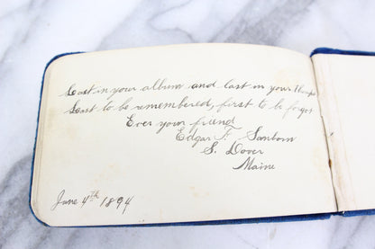 Blue Velvet Autograph and Poetry Album Dating to the 1890s, Dover, Maine