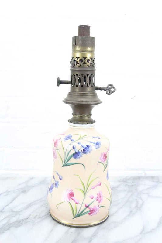 Antique French Kerosene Oil Lamp with Painted Flowers on Ceramic Base