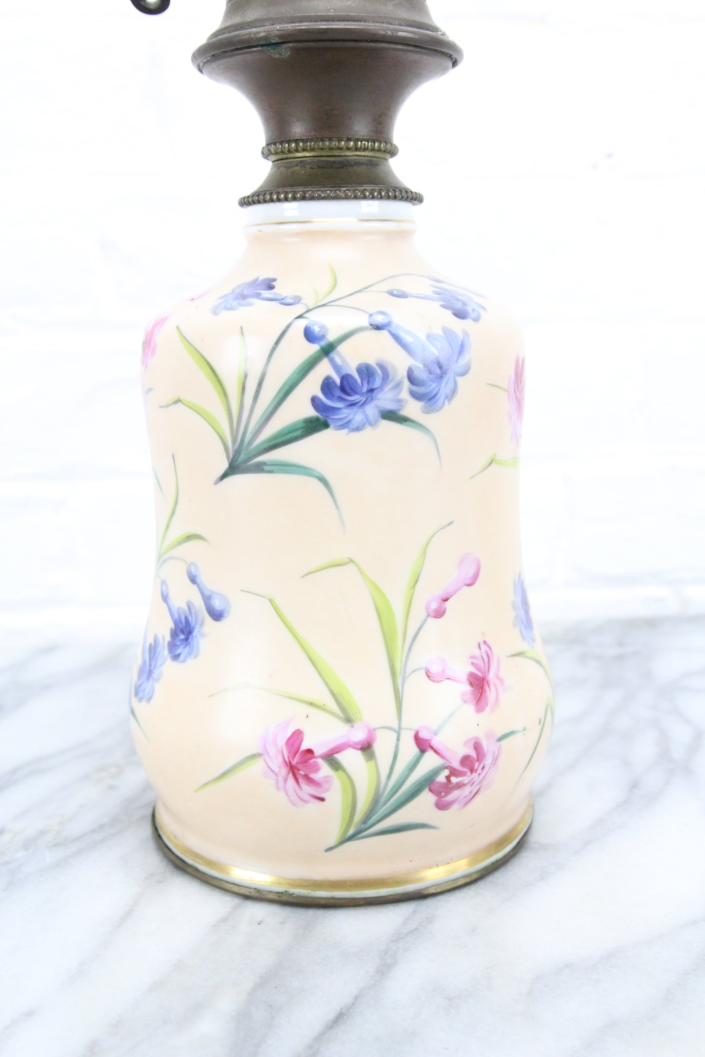 Antique French Kerosene Oil Lamp with Painted Flowers on Ceramic Base