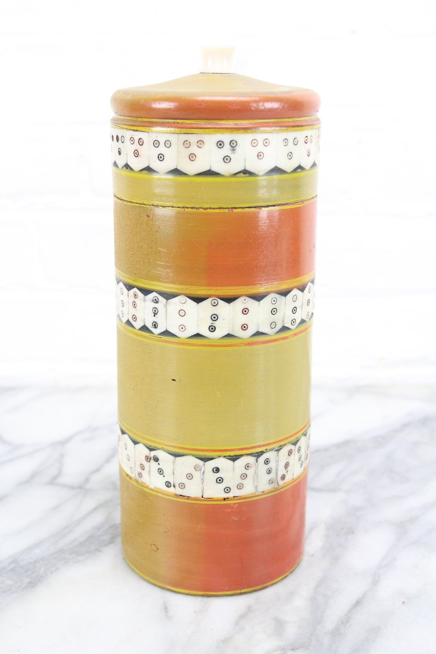 Turned Wooden Storage Cylinder with Lid and Bone Inlay