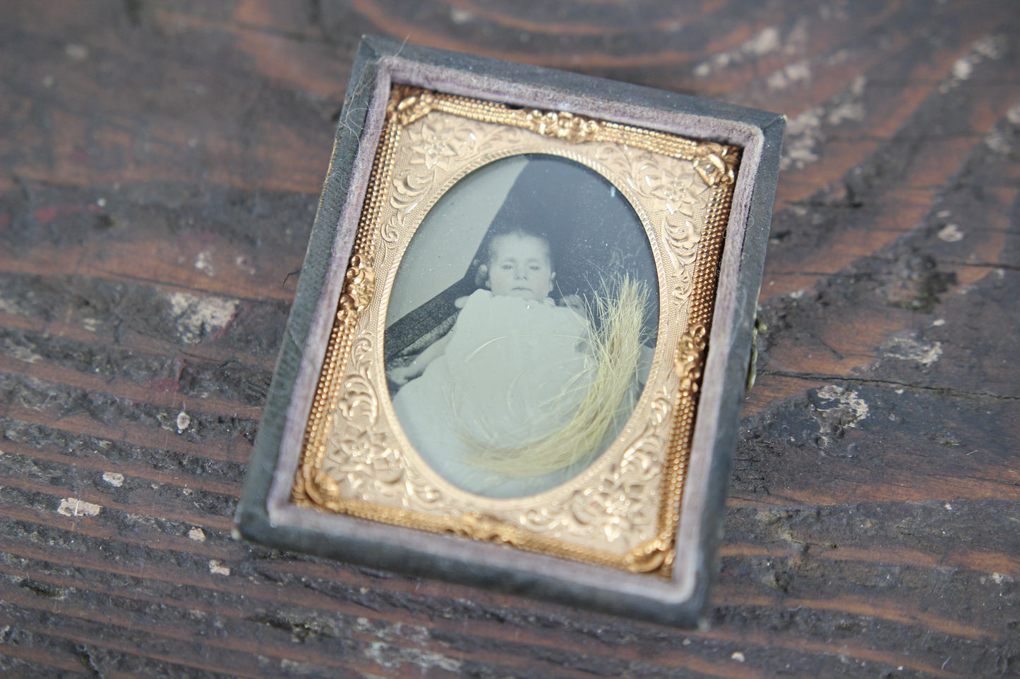 Postmortem Tintype Photograph of Baby Charlotte with Baby's Hair, 1871