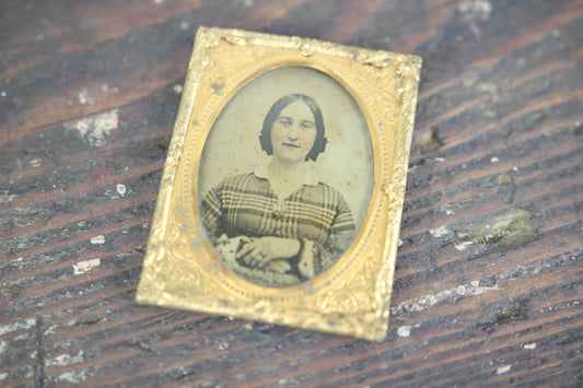 Ambrotype Photograph of a Pretty Young Woman in a Plaid Dress