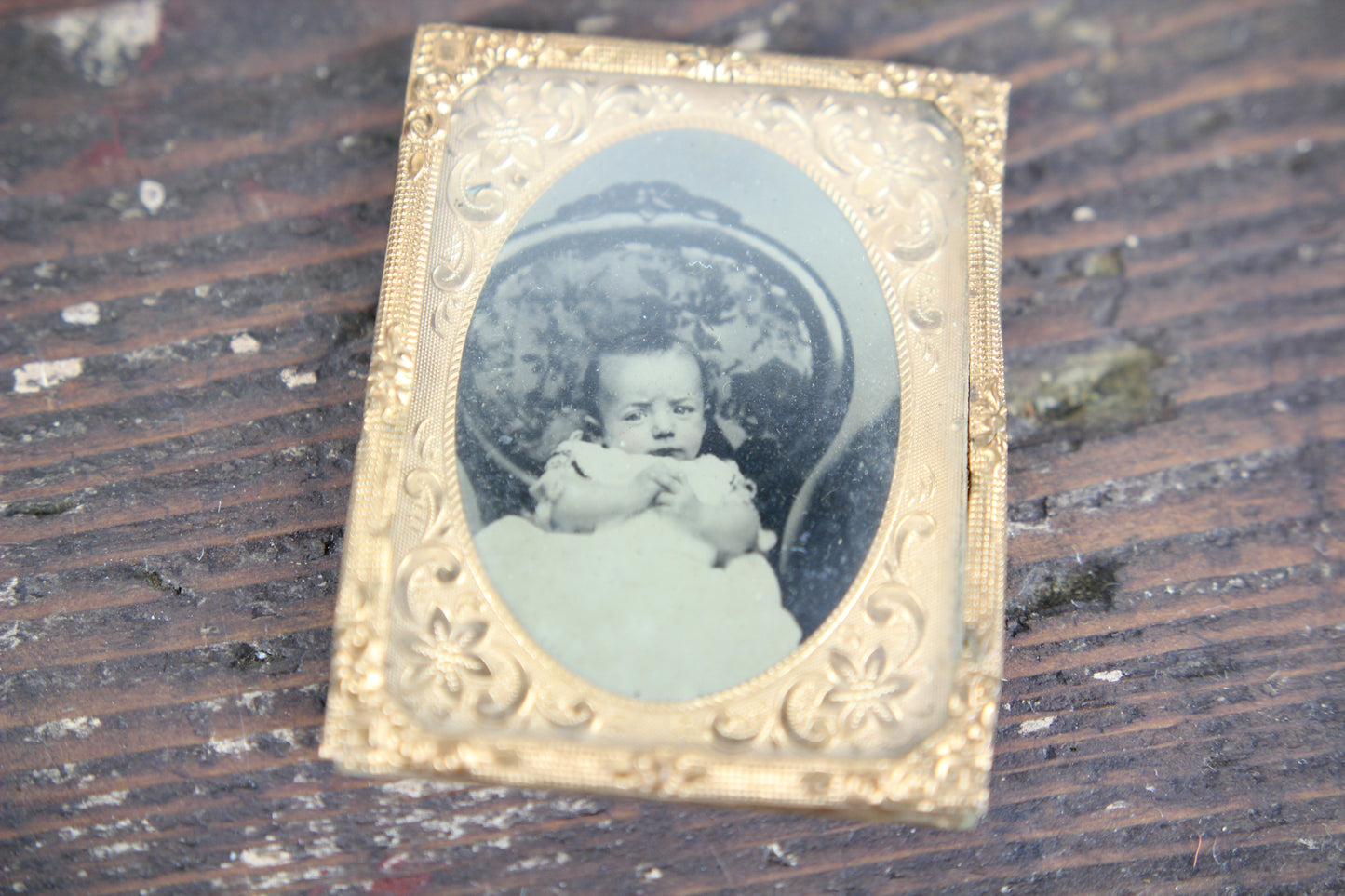 Framed Tintype Photograph of a Baby in a Chair