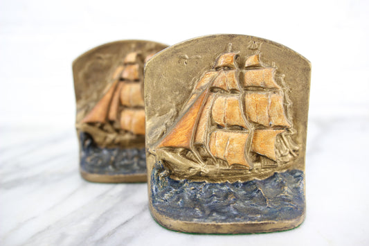 Handpainted Cast Iron Ship Bookends, Pair