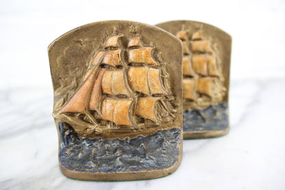 Handpainted Cast Iron Ship Bookends, Pair