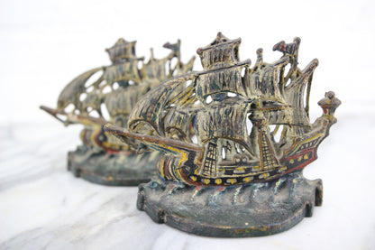 Handpainted Cast Iron Ship Bookends, Pair