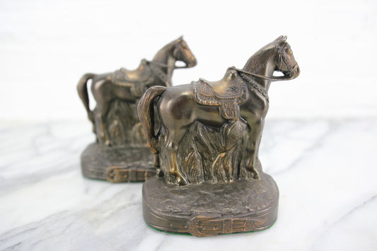 Bronzed Metal Standing Saddled Horse Bookends, Pair