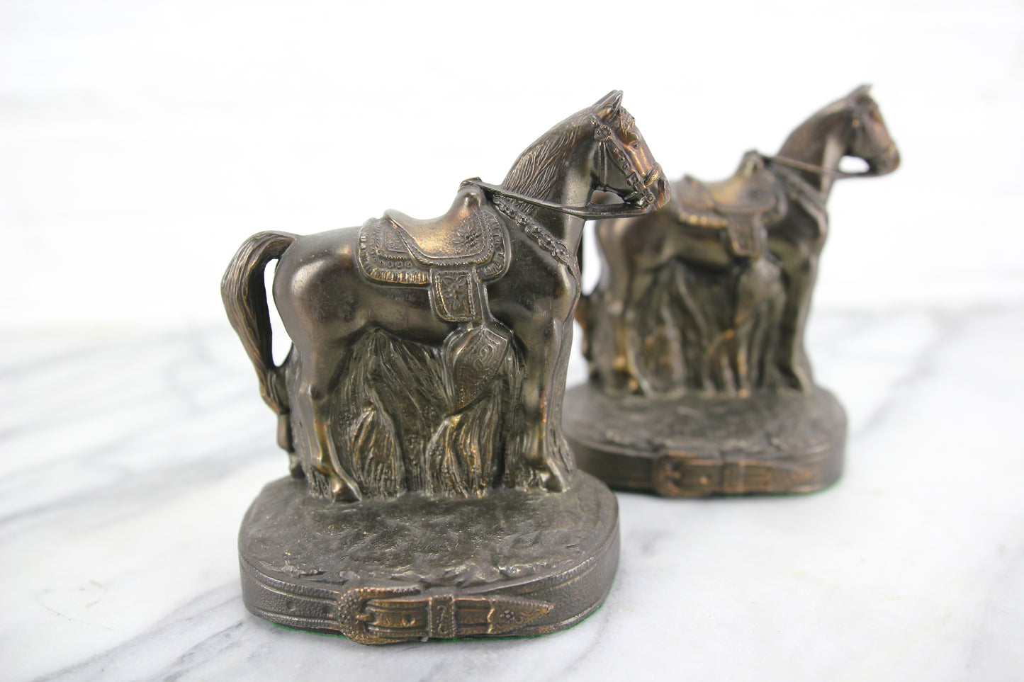 Bronzed Metal Standing Saddled Horse Bookends, Pair