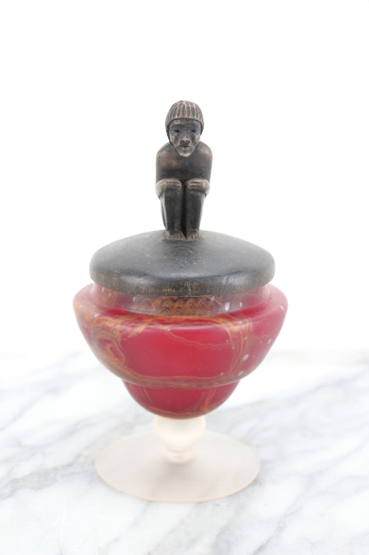 Red and Orange Marbled Art Glass Candy Dish with Carved Figural Wood Top