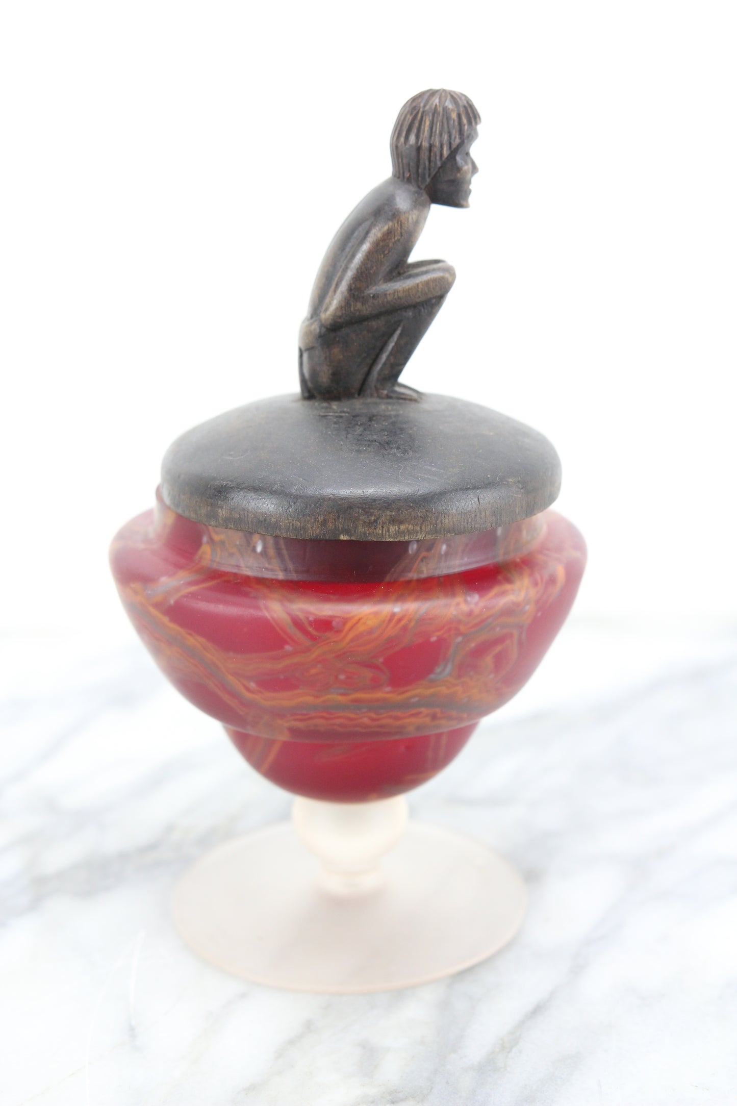 Red and Orange Marbled Art Glass Candy Dish with Carved Figural Wood Top