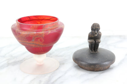 Red and Orange Marbled Art Glass Candy Dish with Carved Figural Wood Top