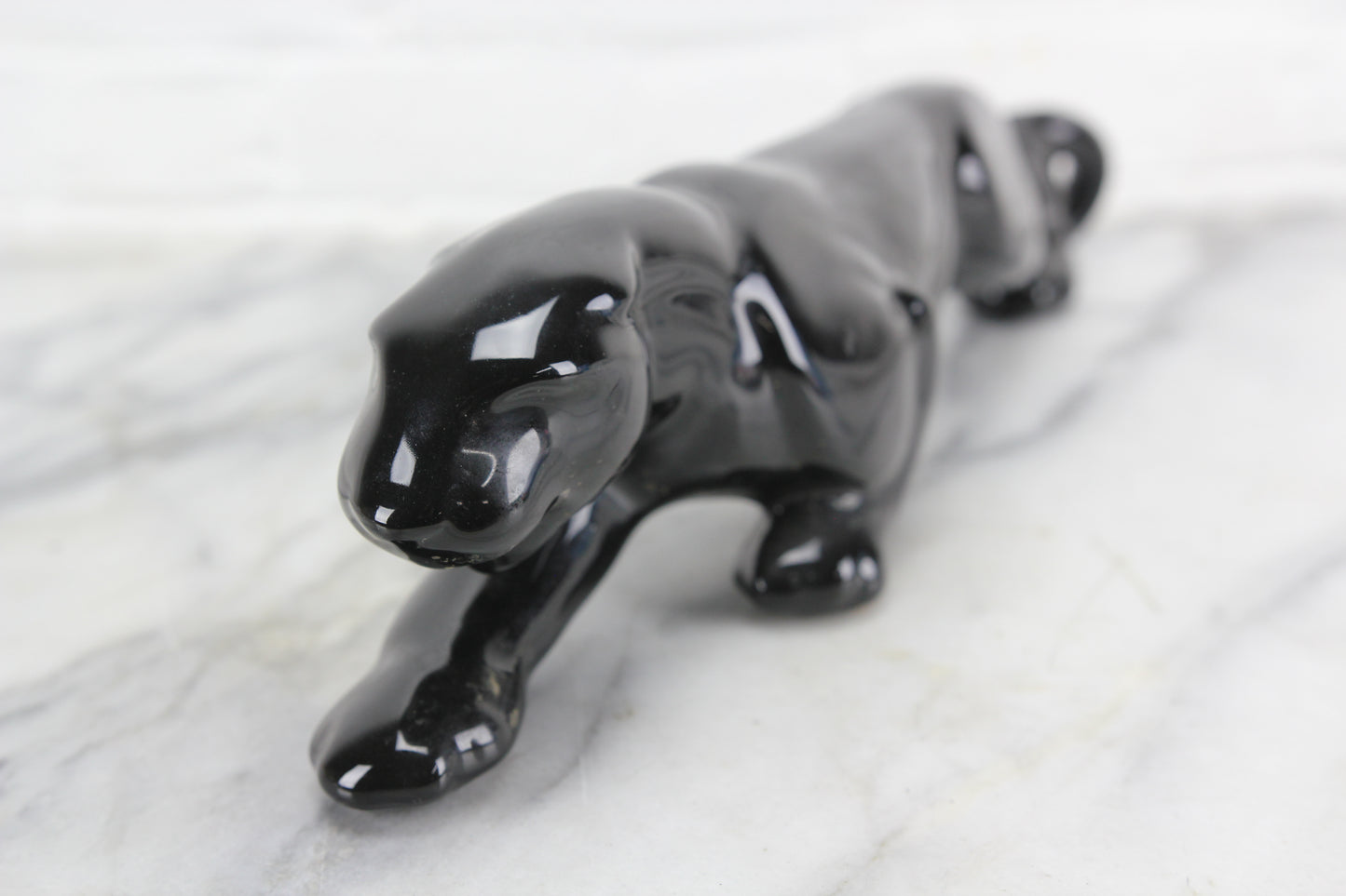 Mid-Century Glazed Ceramic Porcelain Black Panther Statue