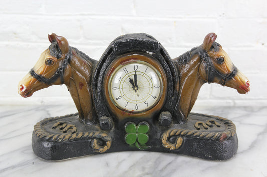 Good Luck Horseshoe Shamrock and Horses Chalkware Clock, Lanshire